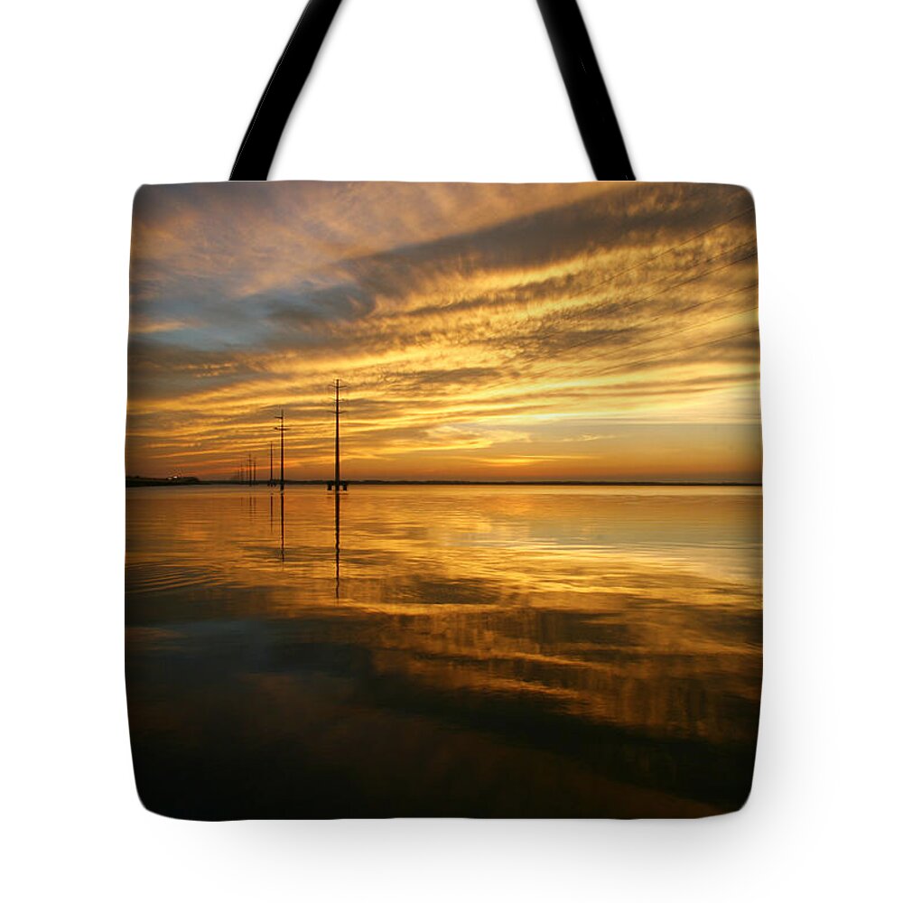 Sky Sunset Sun Night Fall Water Sea Ocean Inlet Gold Golden Tote Bag featuring the photograph Golden Light by Robert Och