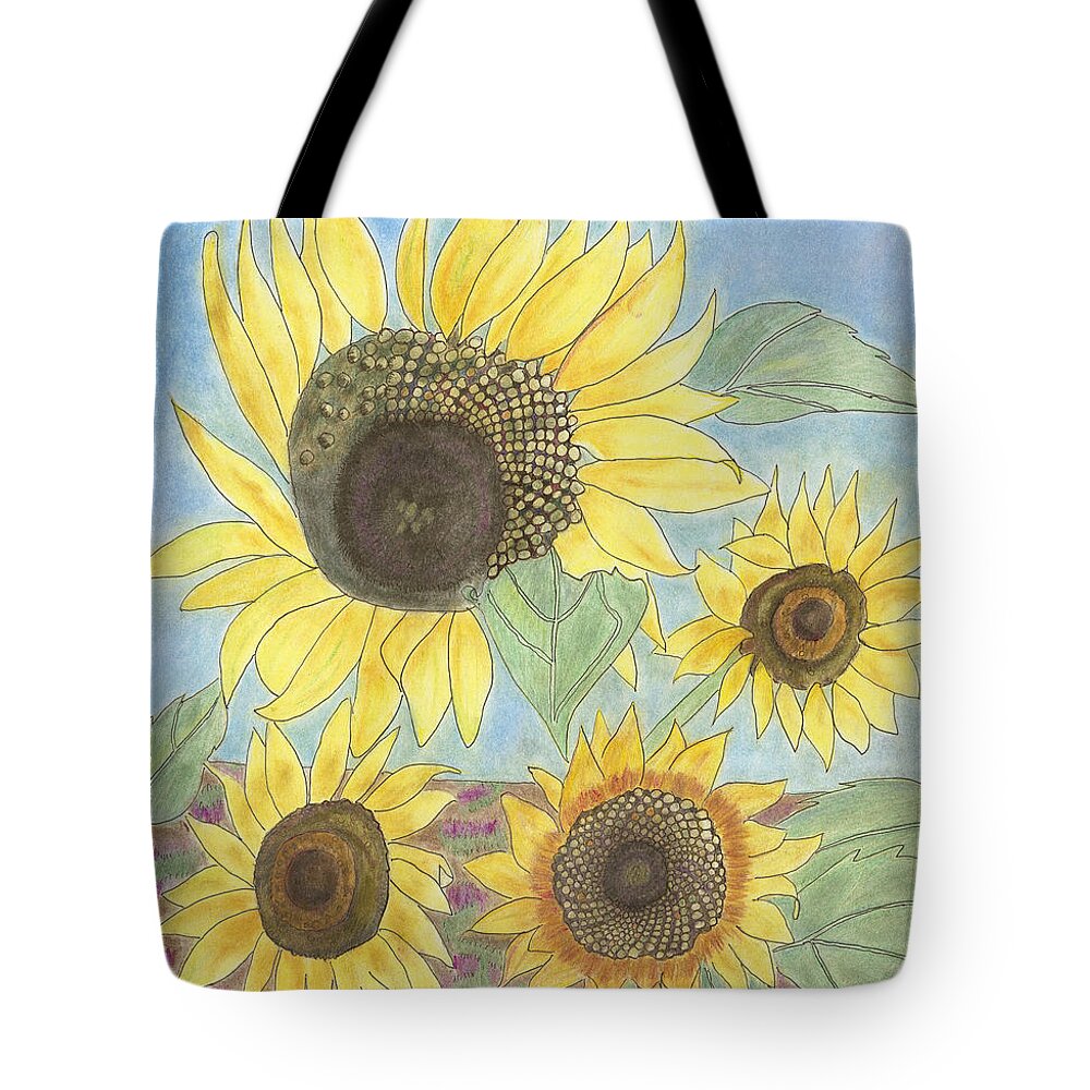 Sunflowers Tote Bag featuring the drawing Golden Quartet by Arlene Crafton