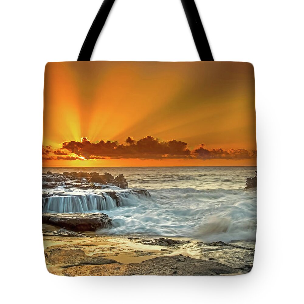 Oahu Sunset Ocean Shorebreak Seascape Clouds Fine Art Photography Tote Bag featuring the photograph Golden Rays by James Roemmling