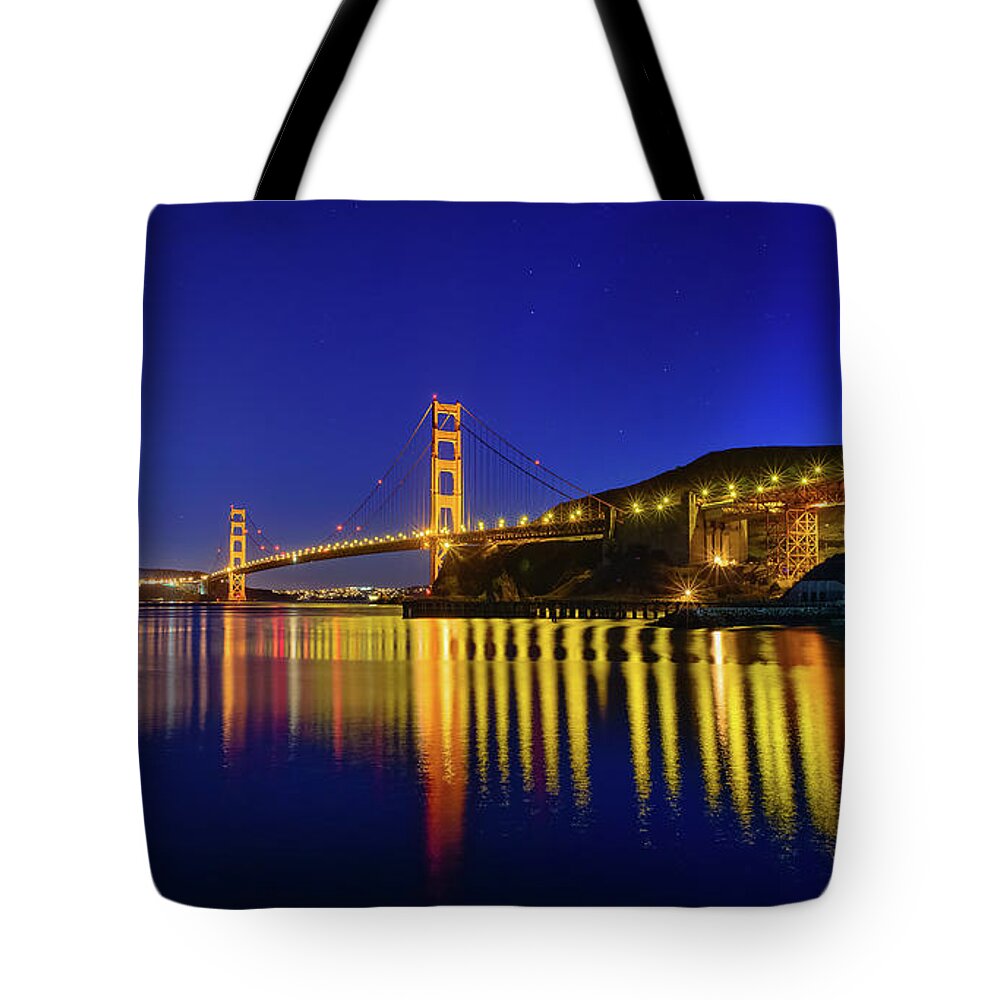 Golden Gate Bridge Tote Bag featuring the photograph Golden Reflections by Mike Ronnebeck