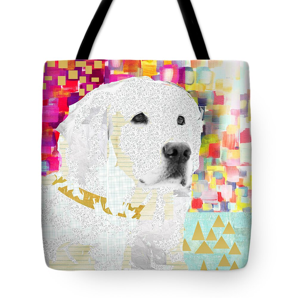 Golden Tote Bag featuring the mixed media Golden Retriever Collage by Claudia Schoen