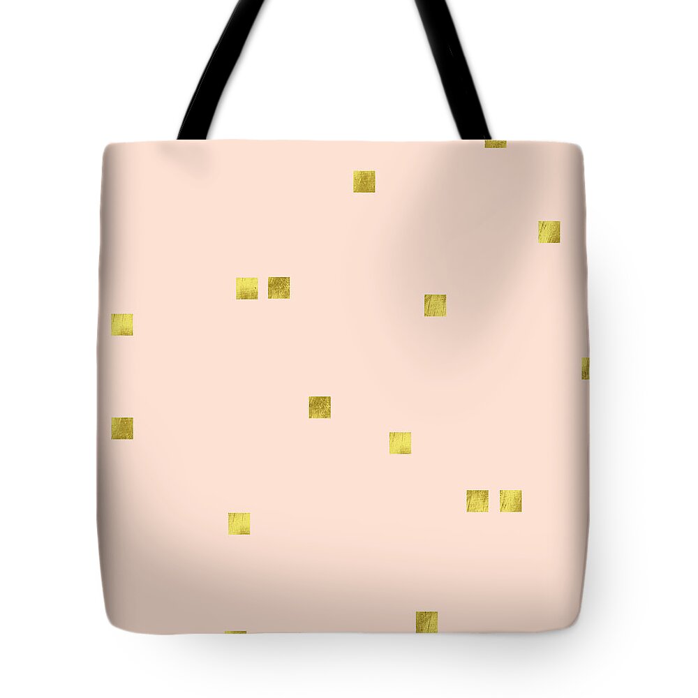 Minimalist Tote Bag featuring the digital art Golden scattered confetti pattern, baby pink background by Tina Lavoie