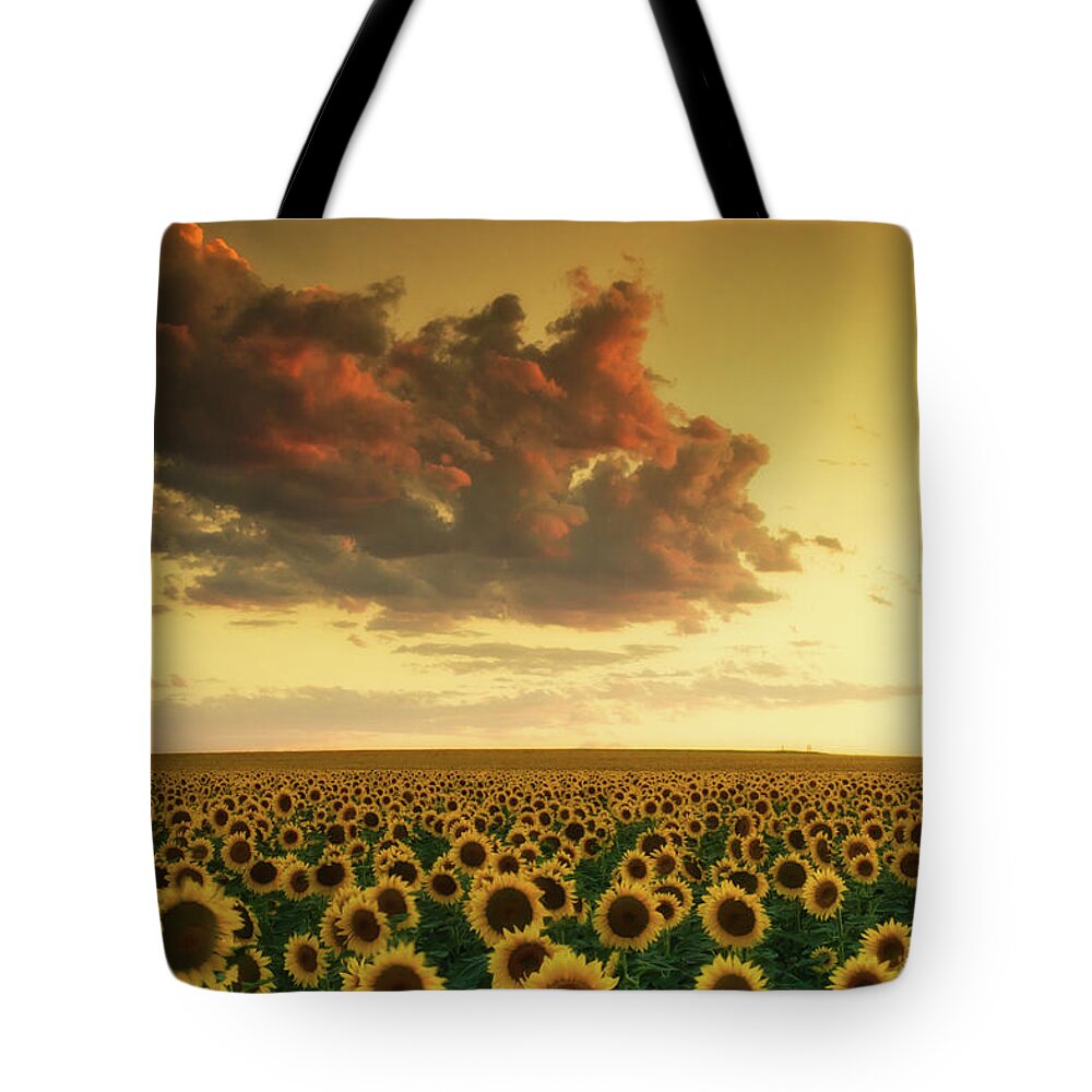 Colorado Tote Bag featuring the photograph Golden Sunflower Skies by John De Bord