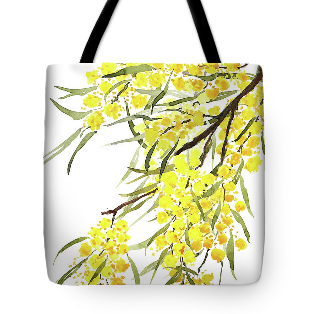 Australia National Flower Tote Bag featuring the painting Golden Wattle flowers watercolor by Color Color