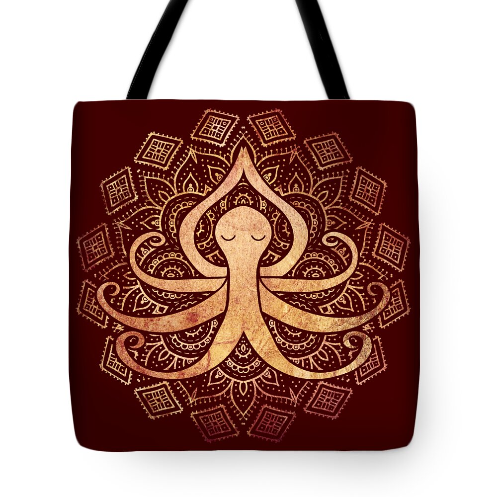 Octopus Tote Bag featuring the digital art Golden Zen Octopus Meditating by Laura Ostrowski