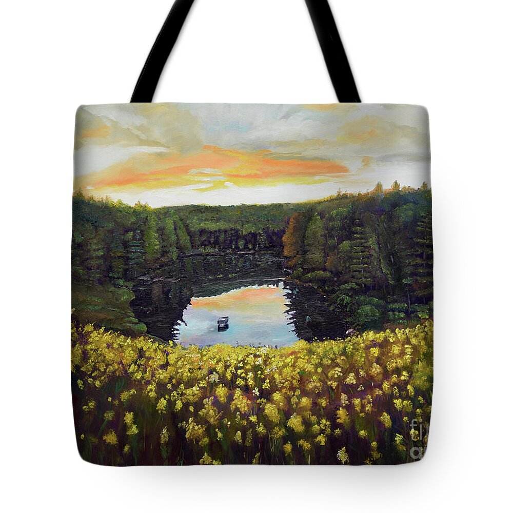 Lake Reflections Tote Bag featuring the painting Goldenrods on Davenport Lake-Ellijay, GA by Jan Dappen