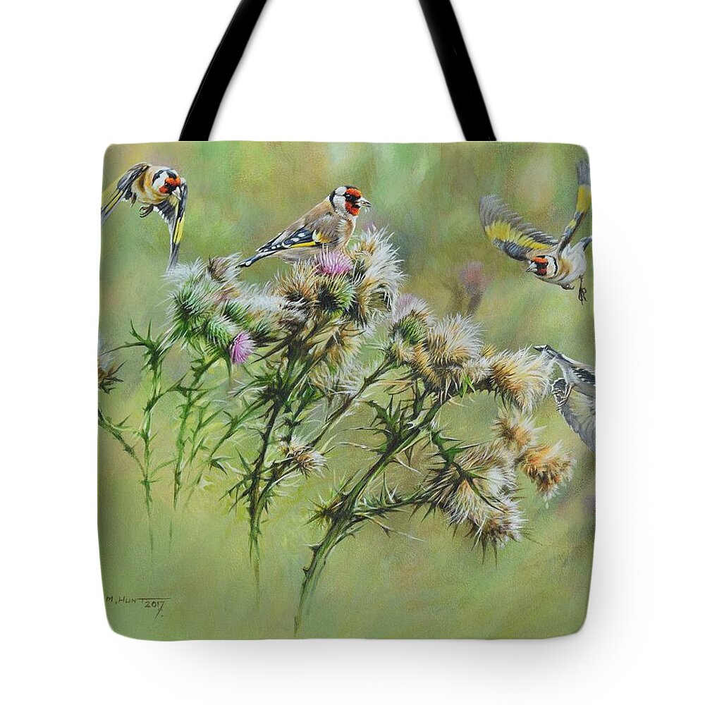Wildlife Paintings Tote Bag featuring the painting Goldfinches on Thistle by Alan M Hunt