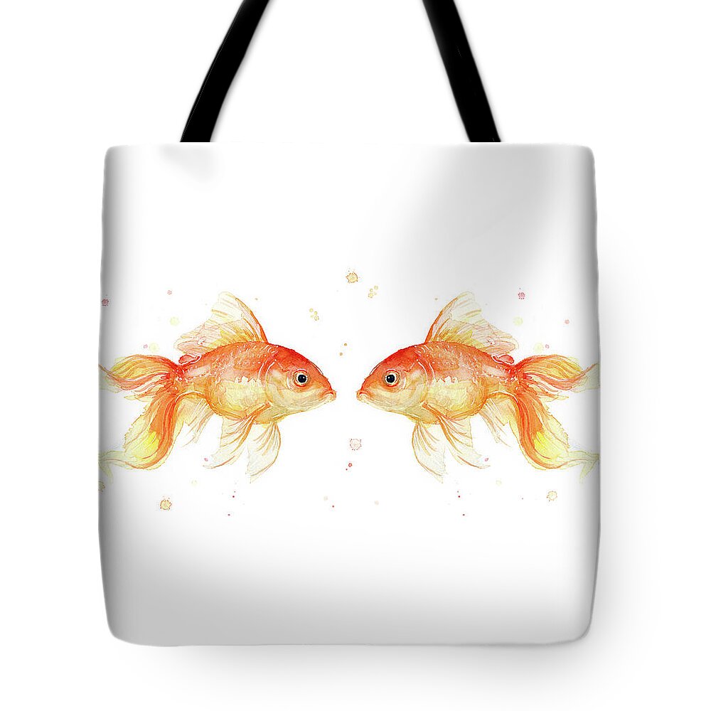Gold Tote Bag featuring the painting Goldfish love Watercolor by Olga Shvartsur