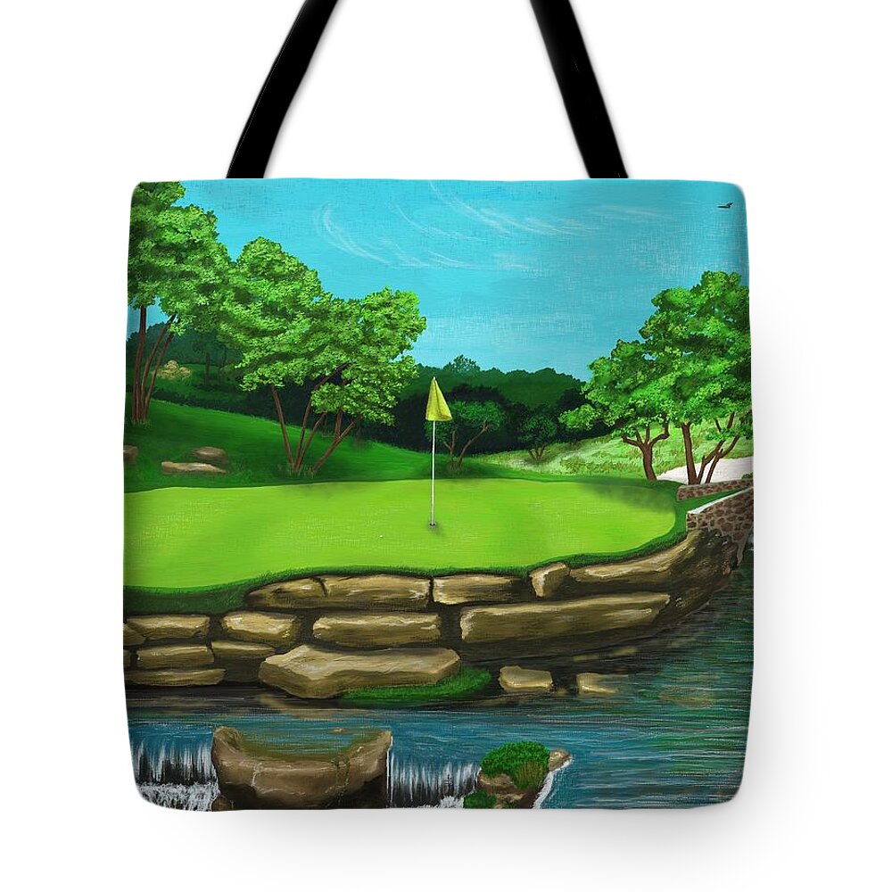Golf Tote Bag featuring the digital art Golf Green Hole 16 by Troy Stapek