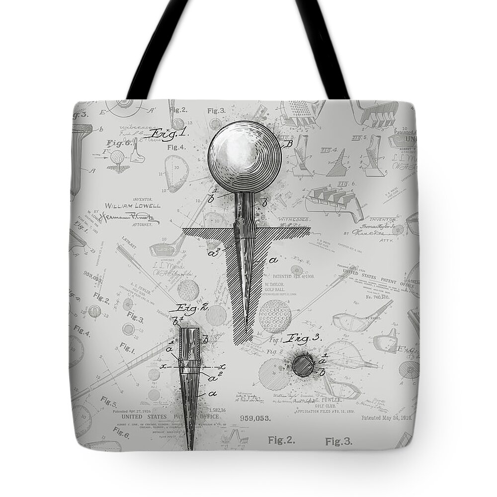Golf Tote Bag featuring the digital art Golf Tee Patent Drawing Grey 2 by Bekim M