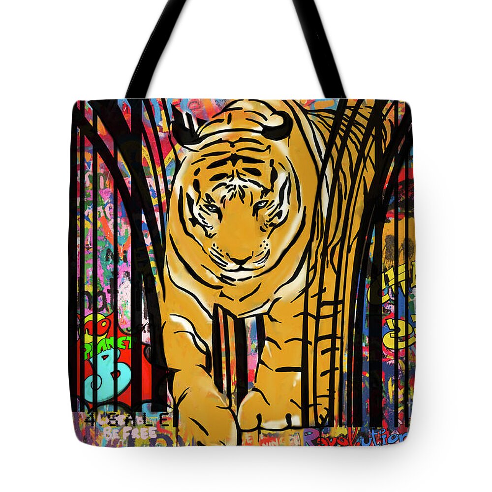 Tiger Art Tote Bag featuring the mixed media Graffiti tiger by Sassan Filsoof