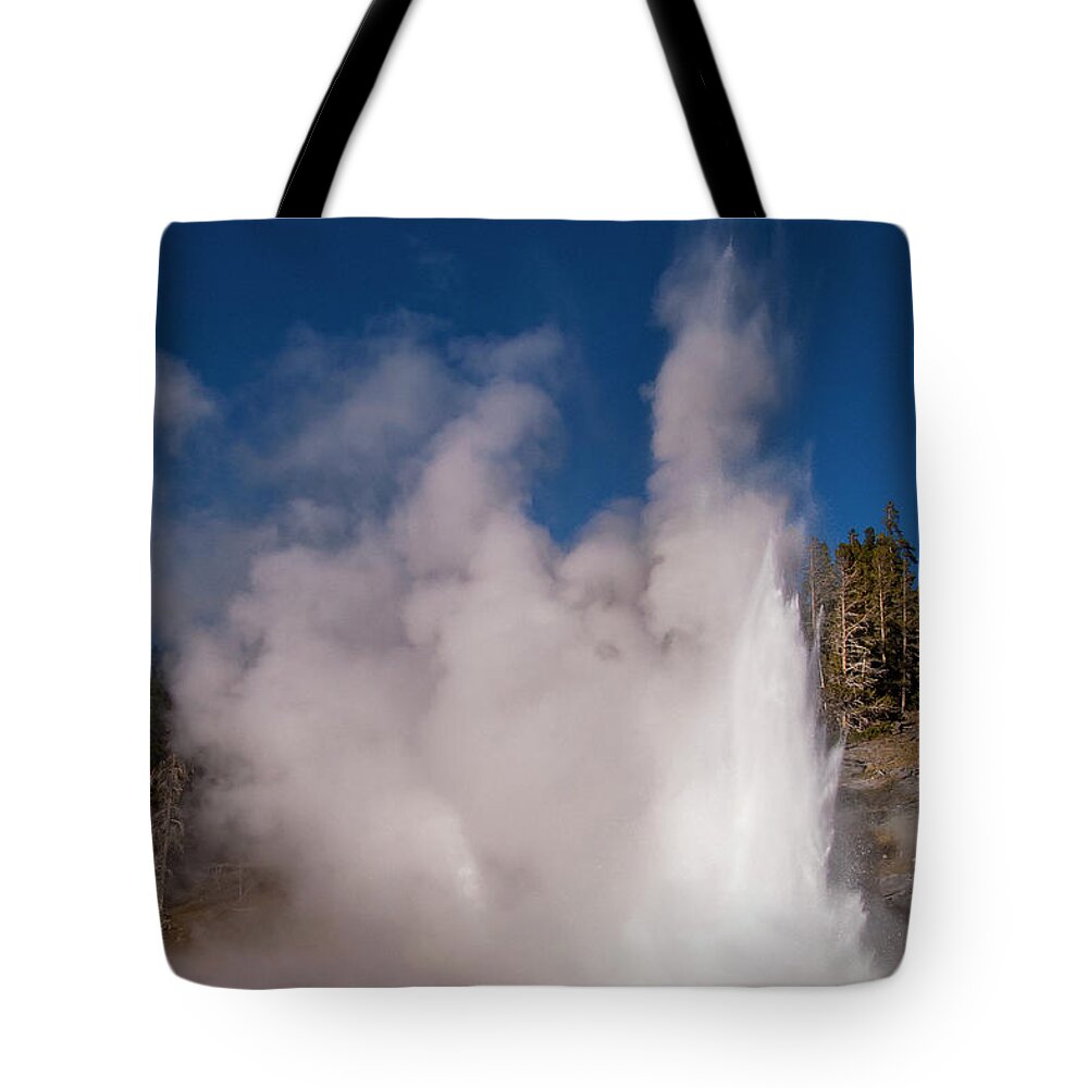 Grand Geyser Tote Bag featuring the photograph Grand Geyser Eruption Three by Bob Phillips