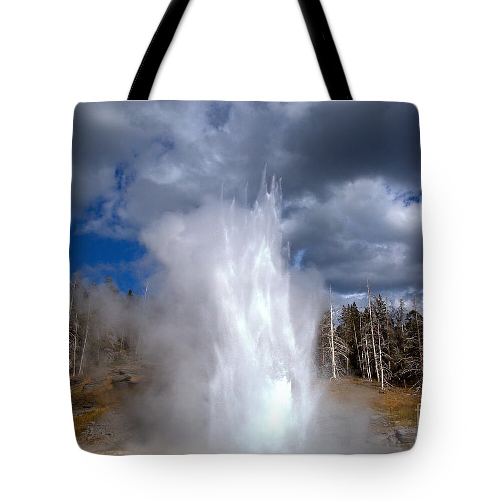 Grand Geyser Tote Bag featuring the photograph Grand Geyser Explodes by Adam Jewell