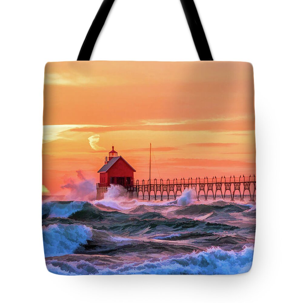 Grand Haven Tote Bag featuring the painting Grand Haven Lighthouses by Christopher Arndt