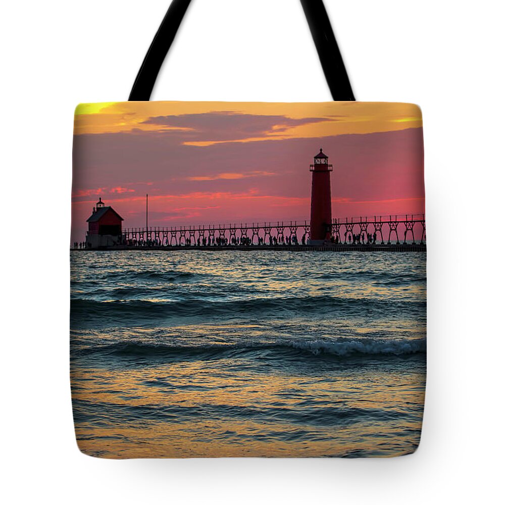 Pier Tote Bag featuring the photograph Grand Haven Pier Sail by Pat Cook