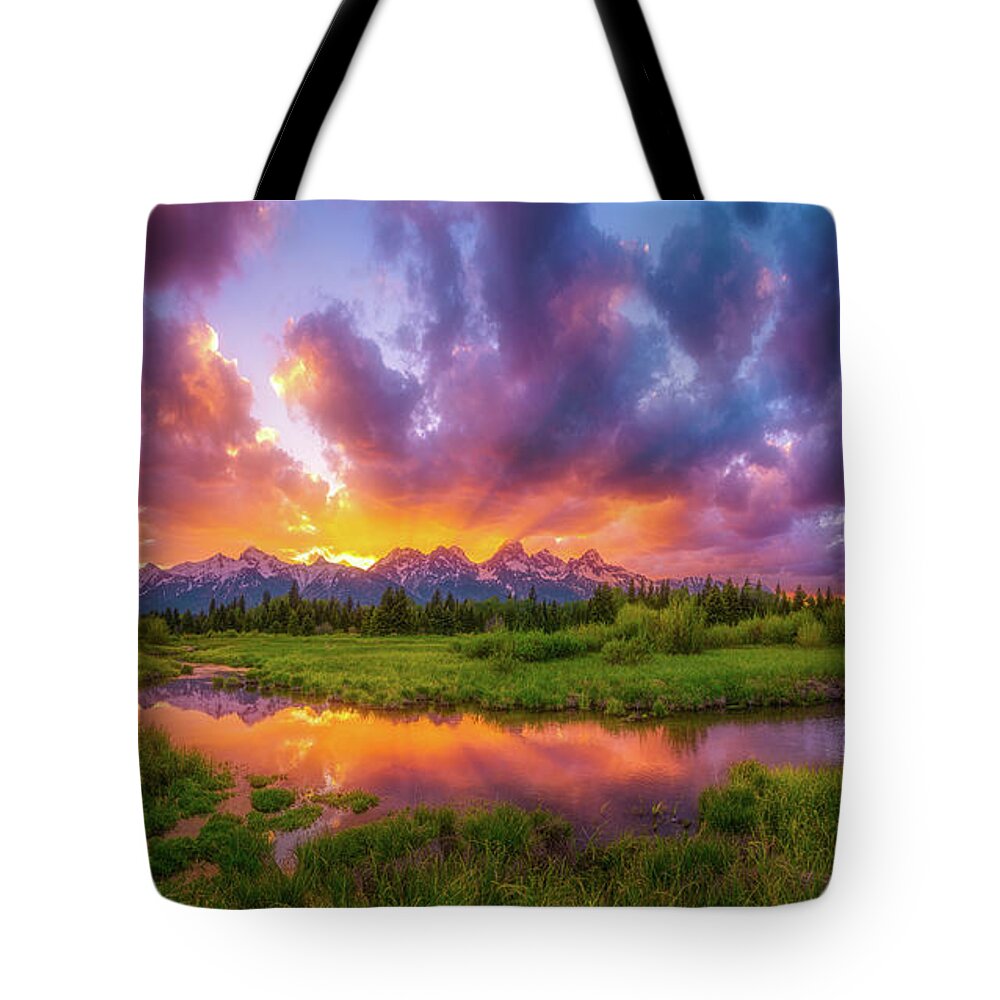 Sunset Tote Bag featuring the photograph Grand Sunset in The Tetons by Darren White