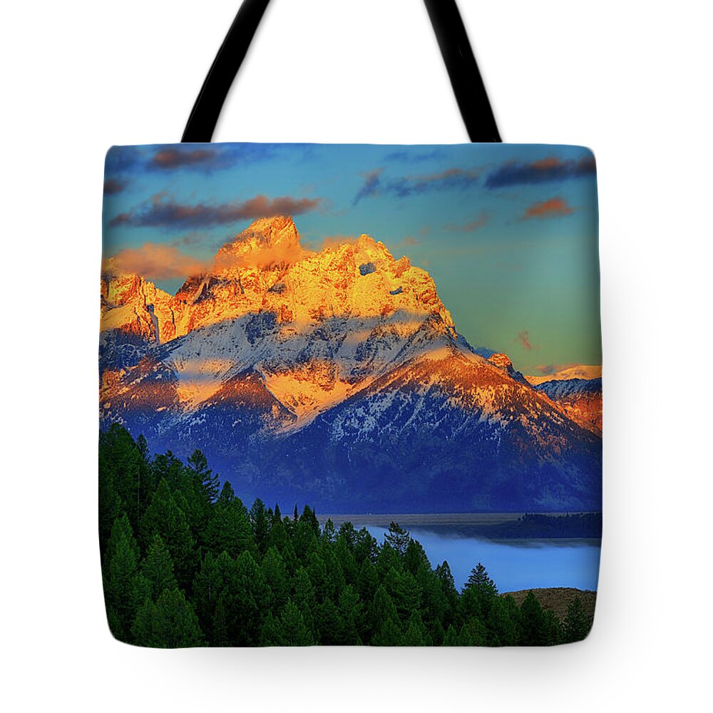 Grand Teton National Park Tote Bag featuring the photograph Grand Teton Alpenglow by Greg Norrell