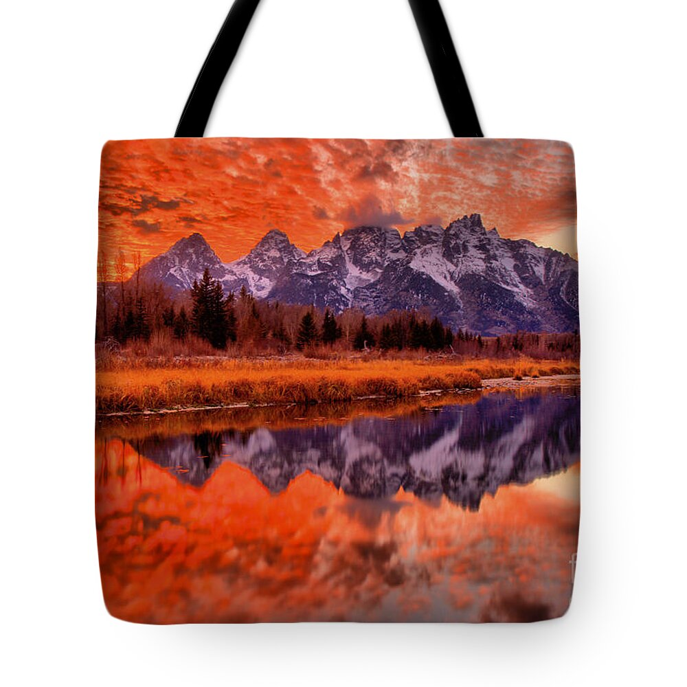 Schwabacher Landing Tote Bag featuring the photograph Grand Teton Orange Sunset by Adam Jewell