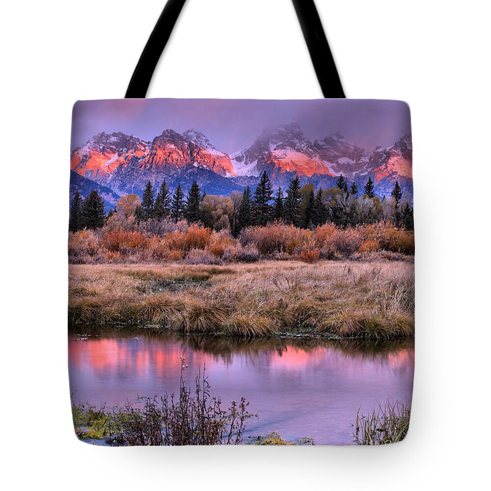 Teton Sunrise Tote Bag featuring the photograph Grand Teton Pink Stripe Sunrise by Adam Jewell