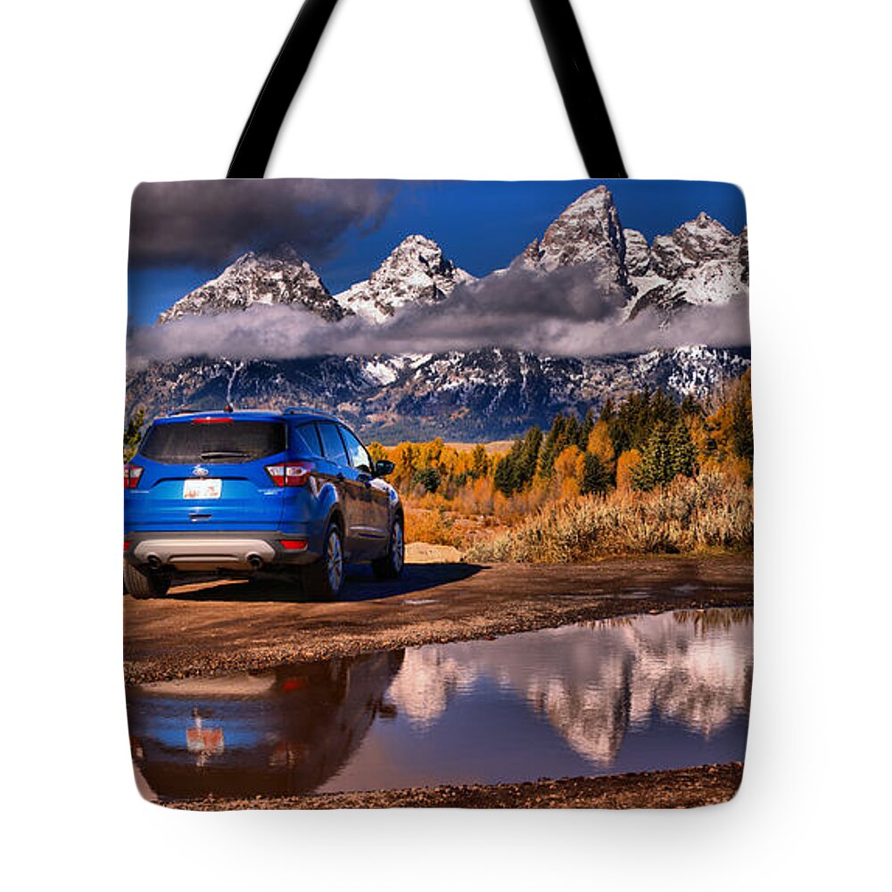 Grand Teton Tote Bag featuring the photograph Grand Teton Premier Parking by Adam Jewell
