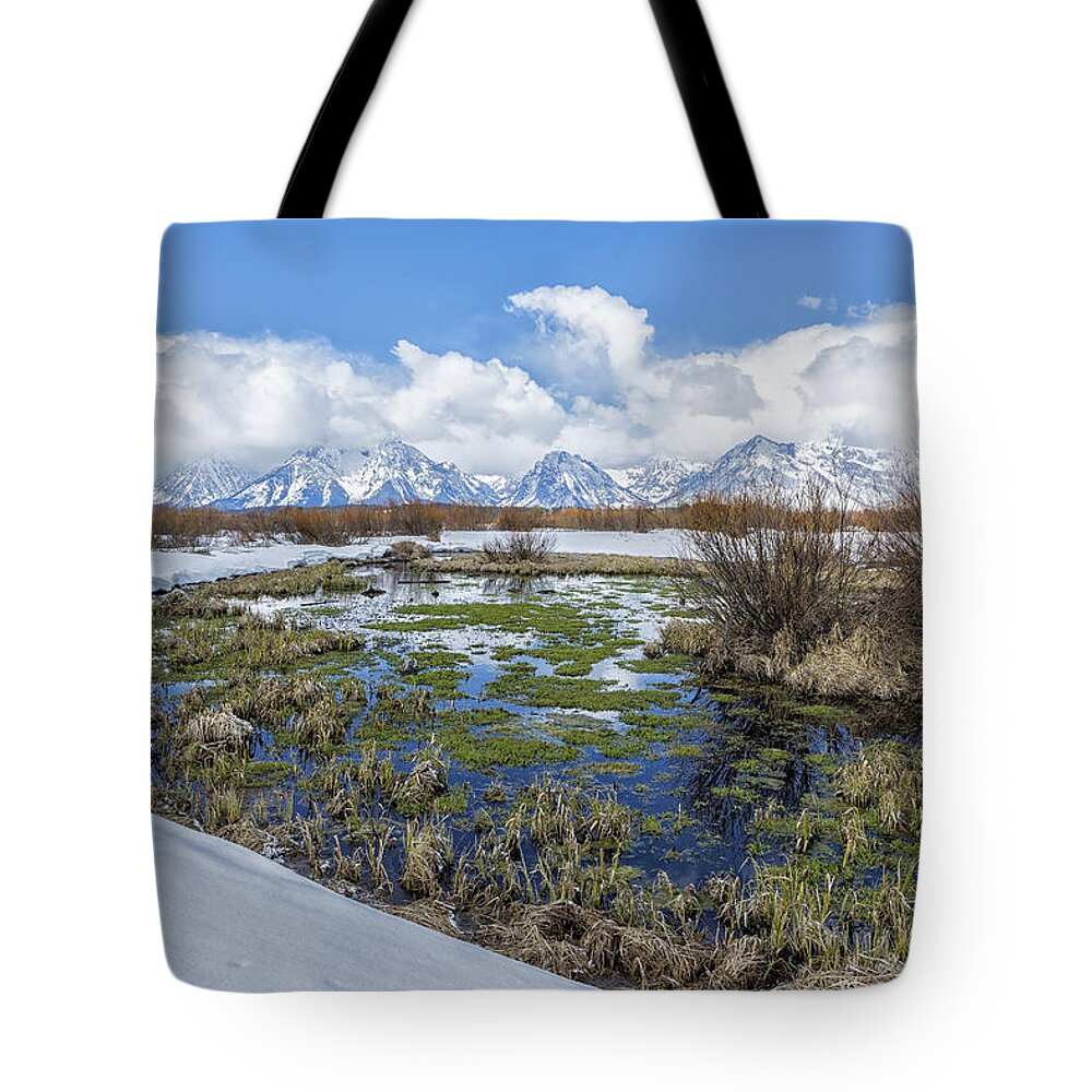 Grand Tetons Tote Bag featuring the photograph Grand Tetons from Willow Flats in Early April by Belinda Greb
