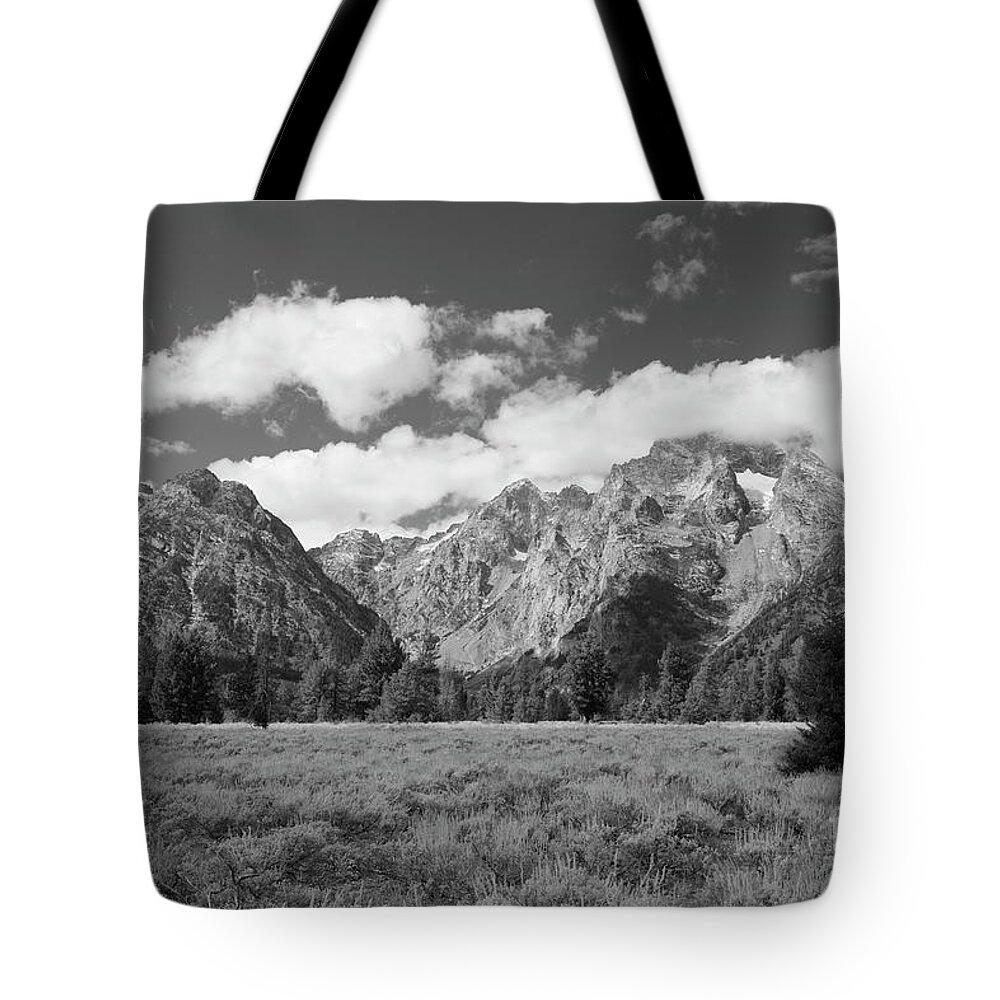 Grand Tetons Tote Bag featuring the photograph Grand Tetons in Black and White by Bruce Block