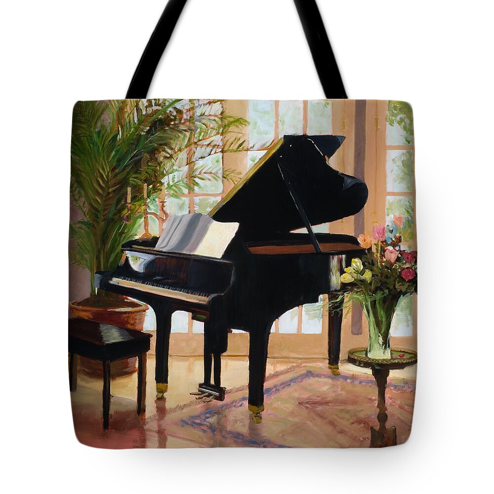 Grand Piano In Pretty Room Tote Bag featuring the painting Grand View by Marilyn Nolan- Johnson by Marilyn Nolan-Johnson