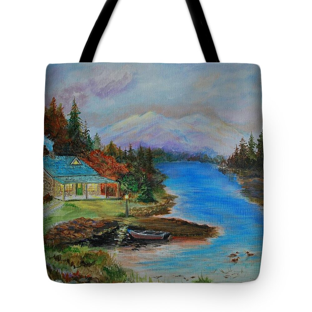 Cabin Painting Tote Bag featuring the painting Grandmas Cabin by Leslie Allen