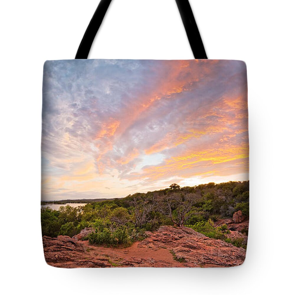Inks Lake Tote Bag featuring the photograph Granite Hills of Inks Lake State Park Against Fiery Sunset - Burnet County Texas Hill Country by Silvio Ligutti