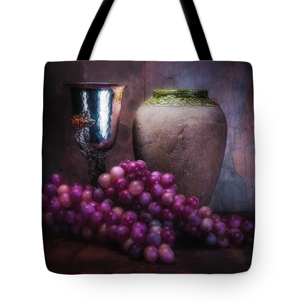 Food Tote Bag featuring the photograph Grapes and Silver Goblet by Tom Mc Nemar