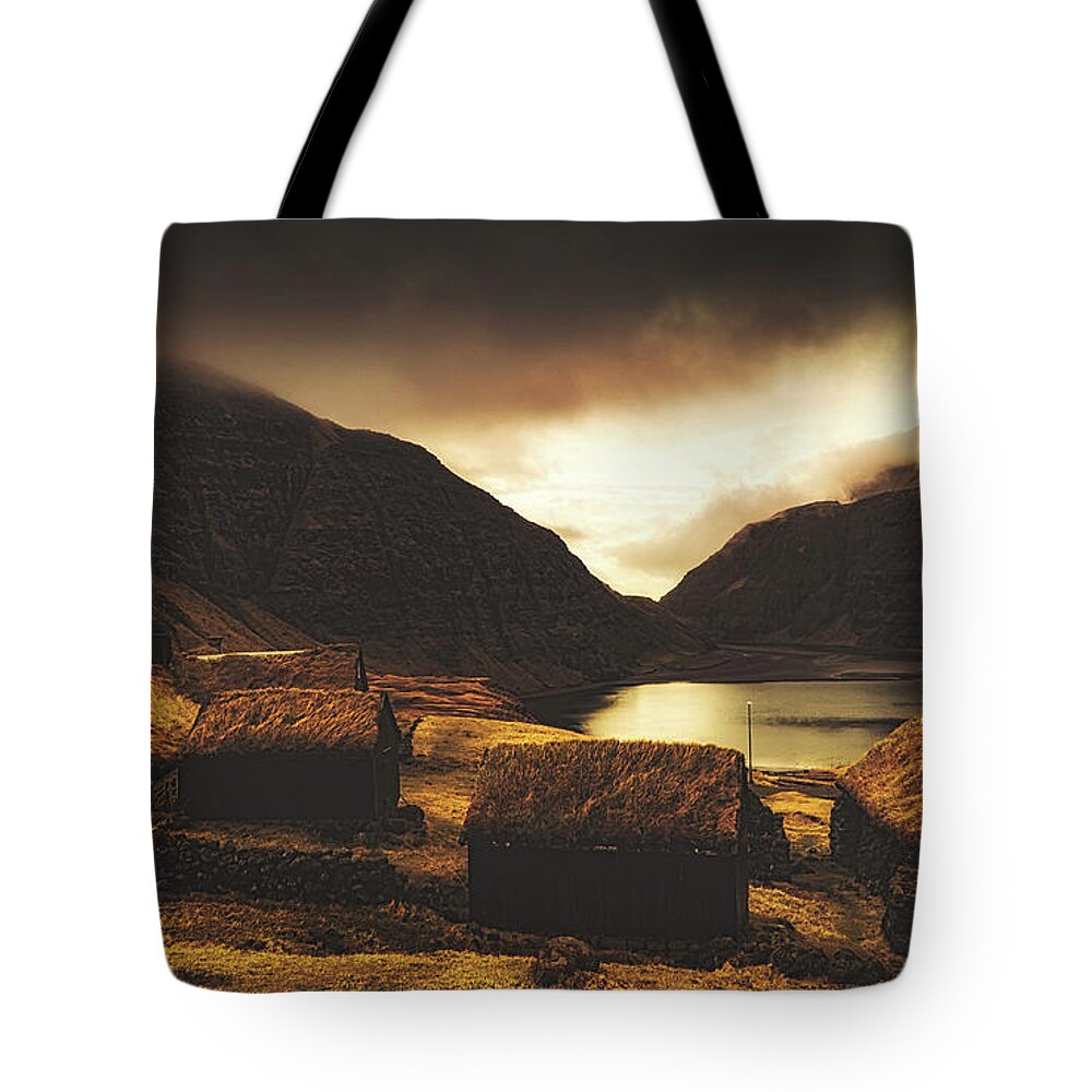 Grass Roof Tote Bag featuring the photograph Grass Roofed Cottages - Faroe Islands by Mountain Dreams