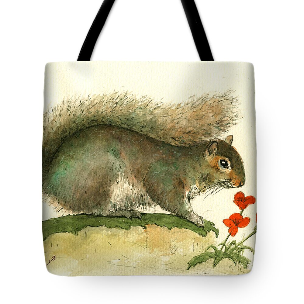 Squirrel Tote Bag featuring the painting Gray squirrel flowers by Juan Bosco