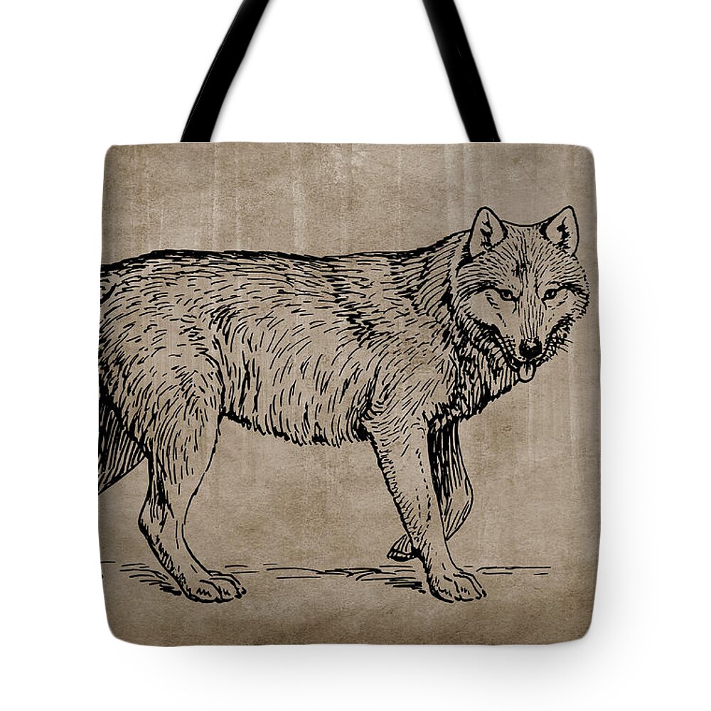 Gray Wolf Tote Bag featuring the mixed media Gray Wolf Timber Wolf Western Wolf Woods Texture by Movie Poster Prints