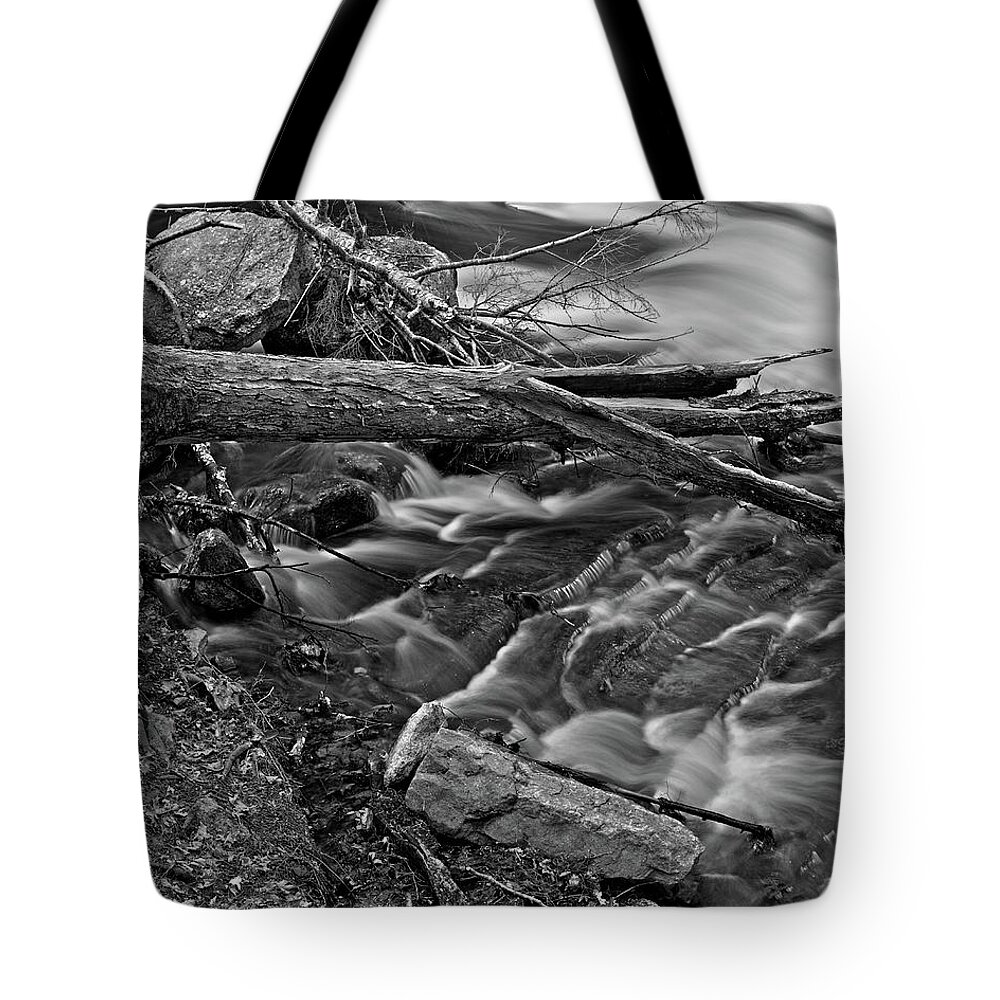 Waterfall Tote Bag featuring the photograph Grayville Falls Study Black and White by Allan Van Gasbeck