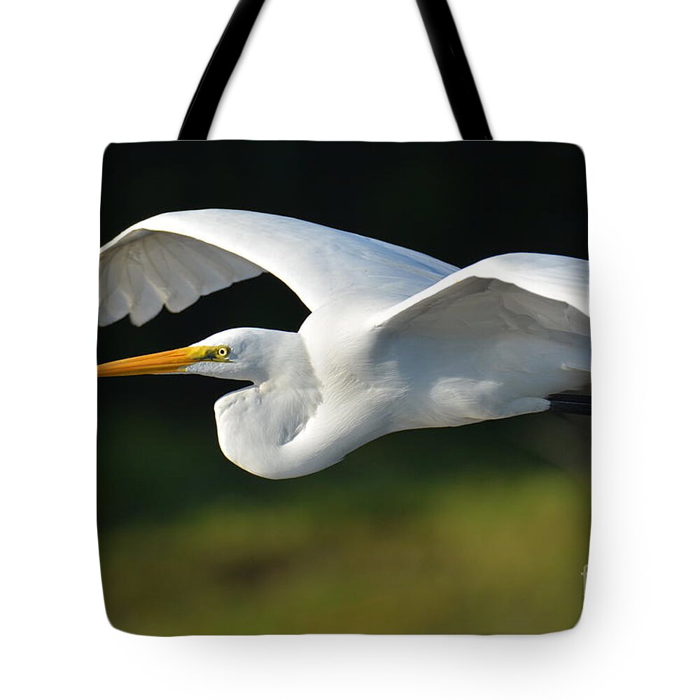 Great White Egret Tote Bag featuring the photograph Great Egret In Flight by Julie Adair