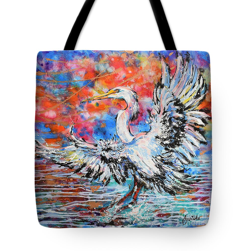  Tote Bag featuring the painting Great Egret Sunset Glory by Jyotika Shroff