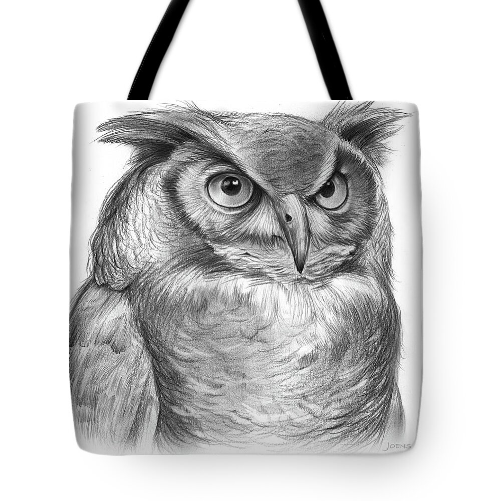 Owl Tote Bag featuring the drawing Great Horned Owl by Greg Joens