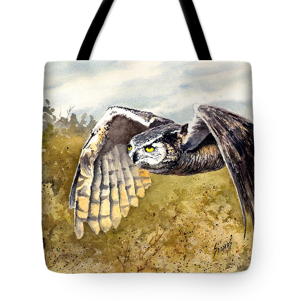 Owl Tote Bag featuring the painting Great Horned Owl in Flight by Sam Sidders