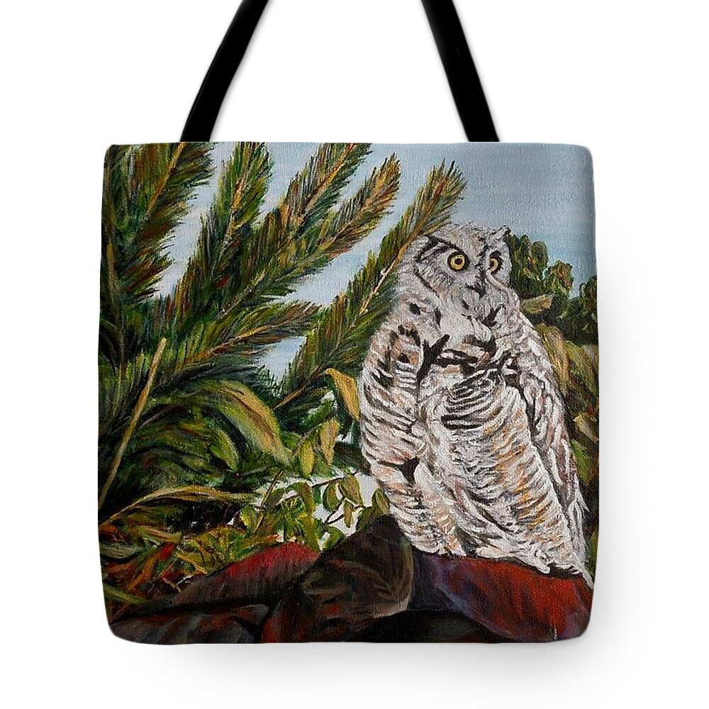 Great Horned Owl Tote Bag featuring the painting Great Horned Owl - Owl on the rocks by Marilyn McNish