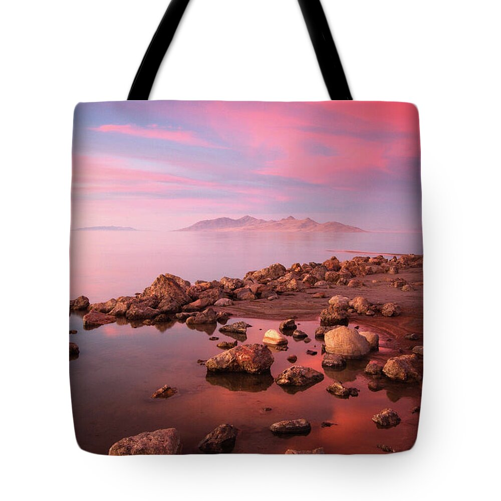 Utah Tote Bag featuring the photograph Great Salt Lake and Antelope Island Sunset by Brett Pelletier
