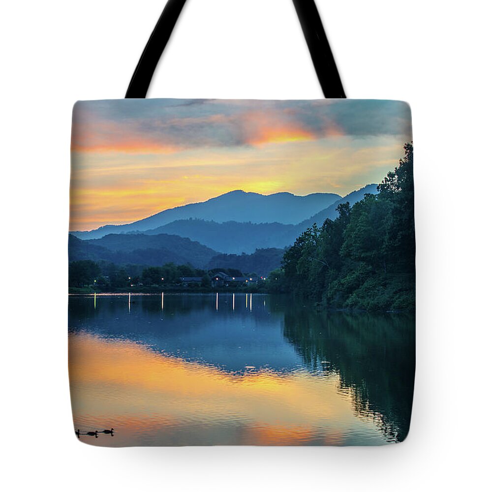 Landscape Tote Bag featuring the photograph Great Smoky Mountains NC Lake Junaluska Sunset Reflection by Robert Stephens