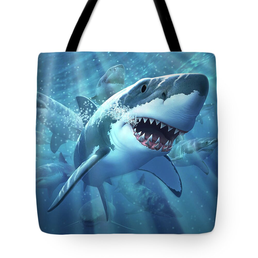 Shark Tote Bag featuring the digital art Great White Shark by Jerry LoFaro