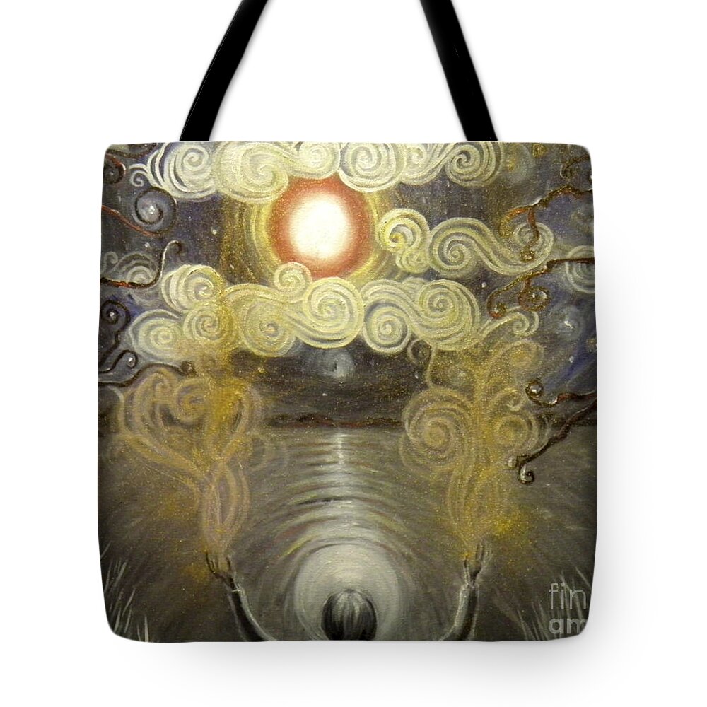 Moon Stars Night Clouds Trees Water Bay Inlet Grass Branches Mountains Person Magic Light Shadow Blue Read Purple White Black Gold Yellow Landscape Sky Highlights Outlines Tote Bag featuring the painting Greatful by Ida Eriksen