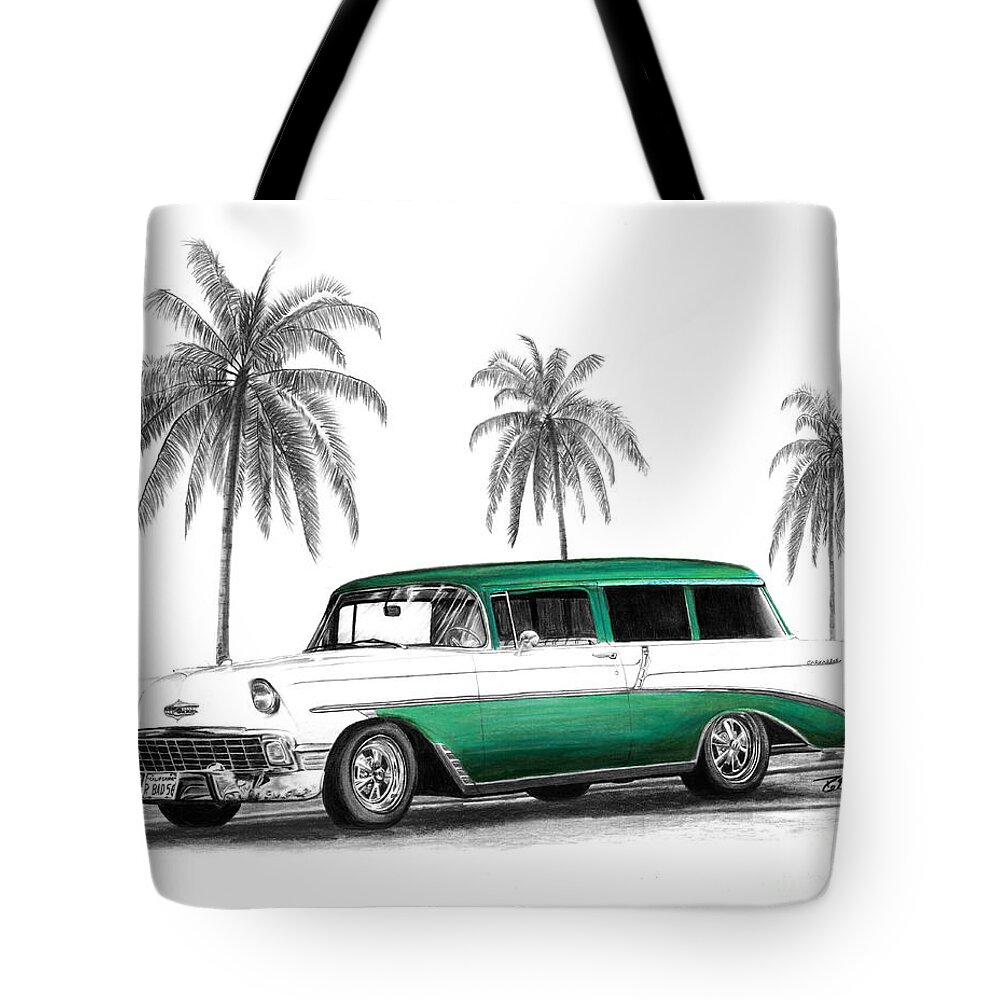 1957 Chevrolet Wagon Tote Bag featuring the drawing Green 56 Chevy Wagon by Peter Piatt