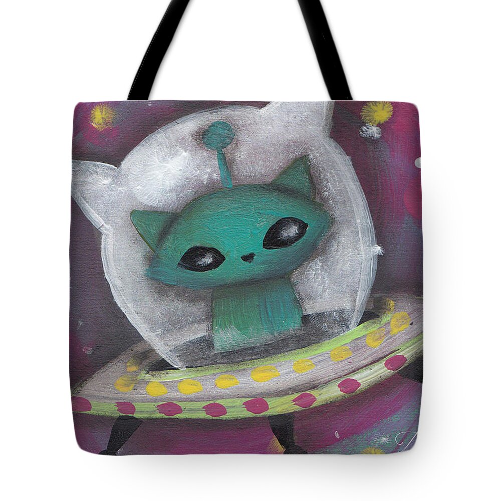 Mid Century Modern Tote Bag featuring the painting Green Alien Cat by Abril Andrade