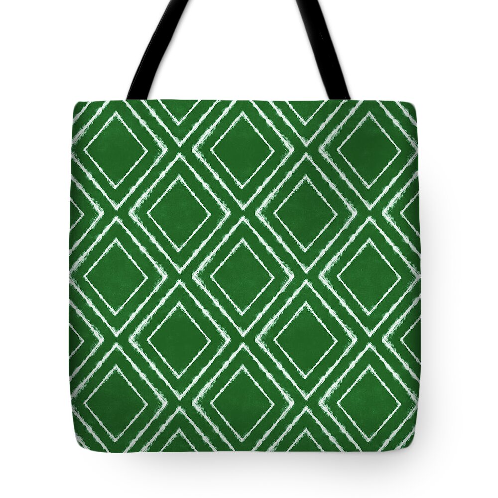 Green Tote Bag featuring the mixed media Green and White Inky Diamonds- Art by Linda Woods by Linda Woods