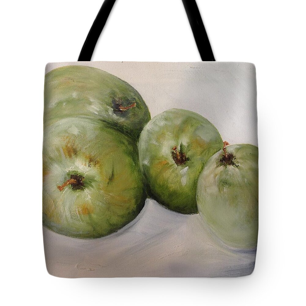 Still Life Tote Bag featuring the painting Green apples by Chuck Gebhardt