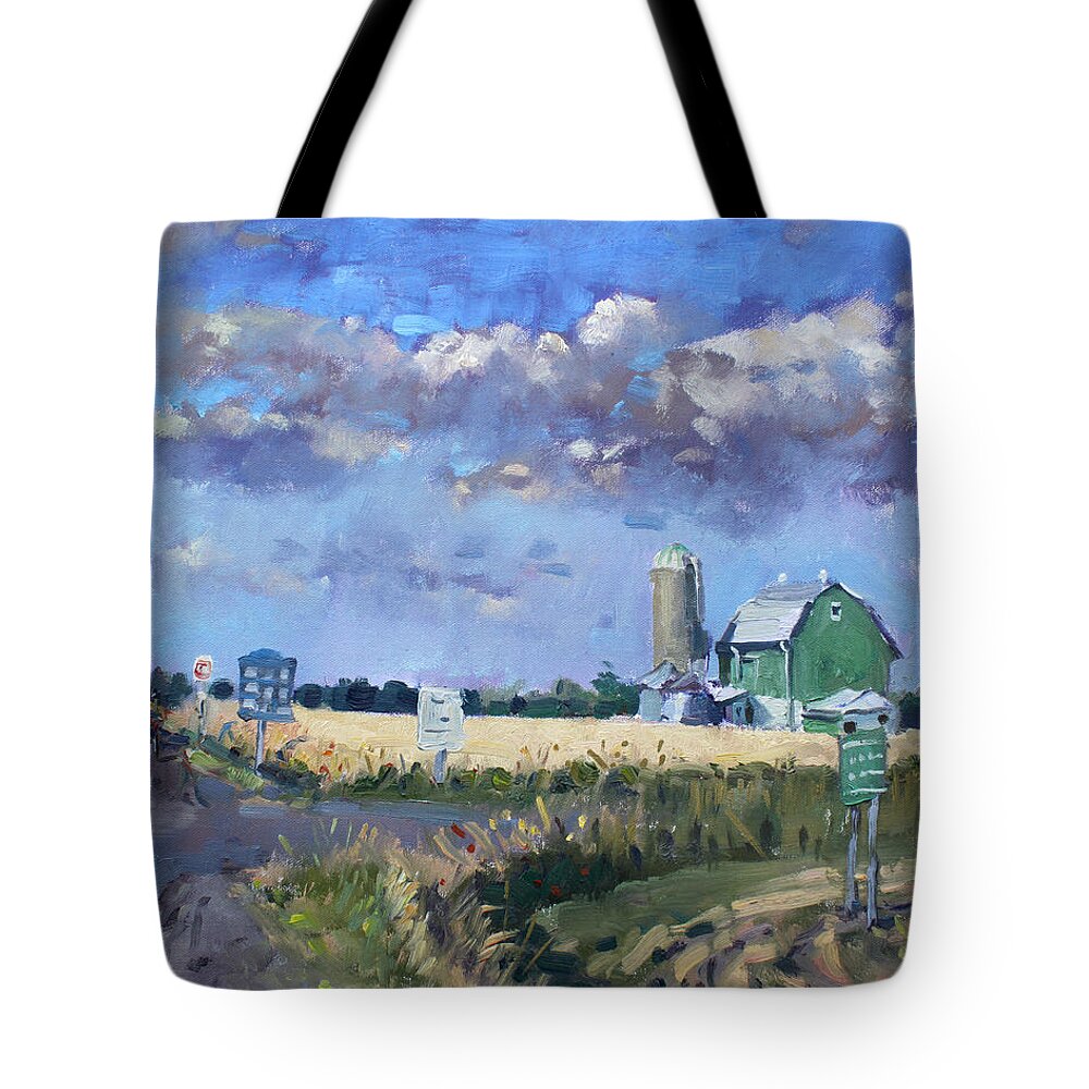 Green Barn Tote Bag featuring the painting Green Barn in Glen Williams ON by Ylli Haruni