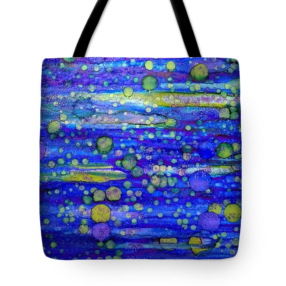 Alcohol Ink Prints Tote Bag featuring the painting Green Bubbles In a Purple Sea by Betsy Carlson Cross