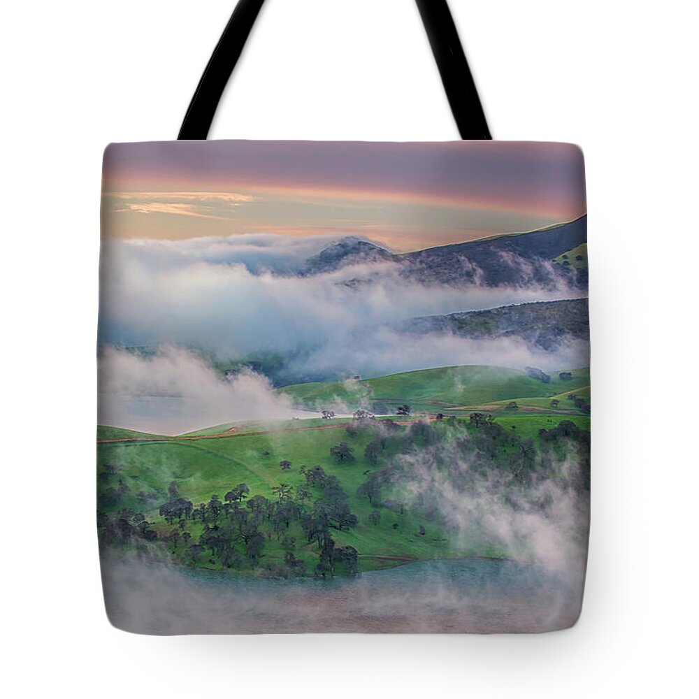 Landscape Tote Bag featuring the photograph Green Hills and Fog at Sunrise by Marc Crumpler